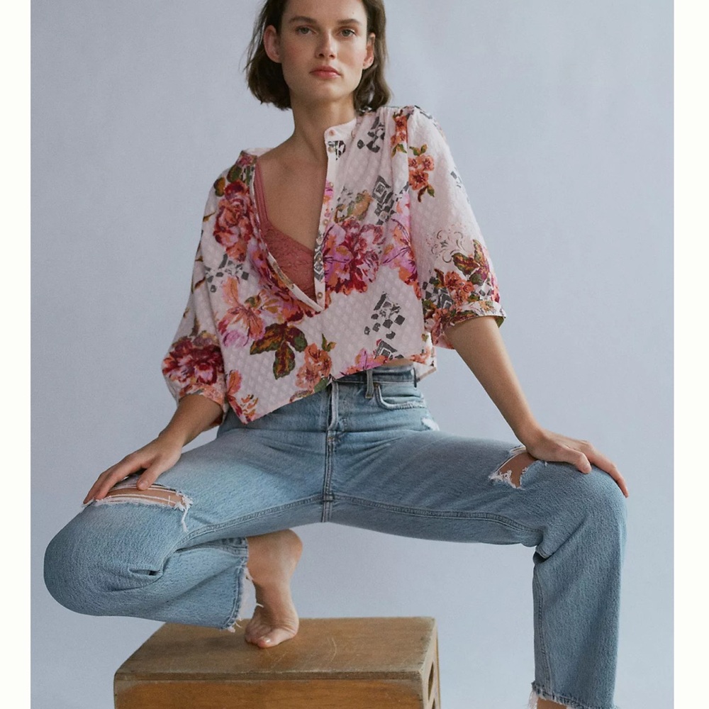 Anthropologie Pink Floral Cropped Button-Up Blouse